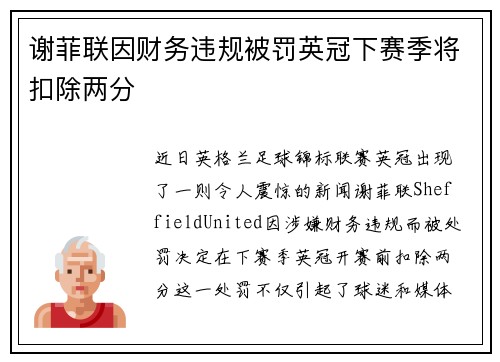 谢菲联因财务违规被罚英冠下赛季将扣除两分 谢菲联因财务违规被罚英冠下赛季将扣除两分