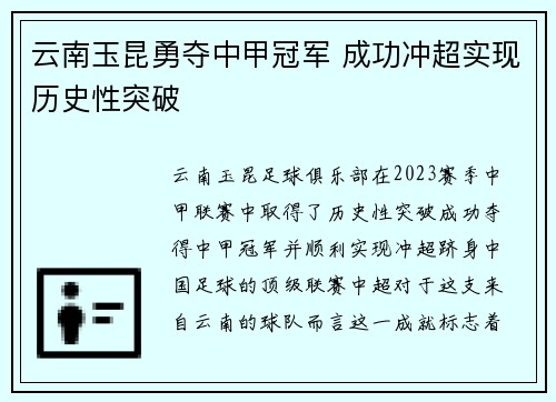 云南玉昆勇夺中甲冠军 成功冲超实现历史性突破