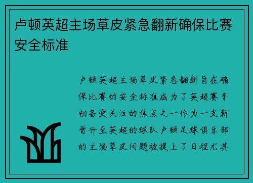 卢顿英超主场草皮紧急翻新确保比赛安全标准